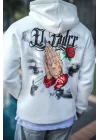 Üç İplik Penye Kapşonlu Baskılı SweatShirt - Beyaz