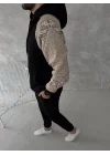 Üç İplik Penye Kapşonlu Parçalı SweatShirt - Siyah
