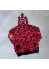 Unisex 2 İplik Bape Kapüşonu Fermuarlı Hırka - Kırmızı