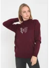 Unisex Bisiklet Yaka Baskılı Dokuma Triko - Bordo