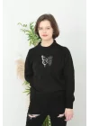 Unisex Bisiklet Yaka Baskılı Dokuma Triko - Siyah