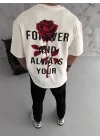 Unisex Bisiklet Yaka Baskılı Oversize T-Shirt - Beyaz