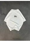 Unisex Bisiklet Yaka Baskılı Oversize T-Shirt - Beyaz