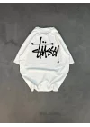 Unisex Bisiklet Yaka Baskılı Oversize T-Shirt - Beyaz