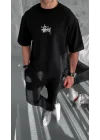 Unisex Bisiklet Yaka Baskılı Oversize T-Shirt - Siyah