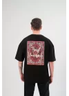 Unisex Bisiklet Yaka Baskılı Oversize T-Shirt - Siyah