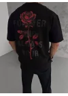 Unisex Bisiklet Yaka Baskılı Oversize T-Shirt - Siyah