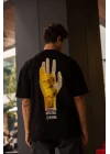 Unisex Bisiklet Yaka Baskılı Oversize T-Shirt - Siyah