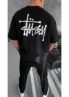 Unisex Bisiklet Yaka Baskılı Oversize T-Shirt - Siyah