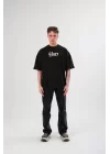 Unisex Bisiklet Yaka Baskılı Oversize T-Shirt - Siyah