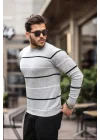 Unisex İnce Çizgili Bisiklet Yaka Triko Kazak - Gri