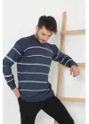 Unisex İnce Çizgili Bisiklet Yaka Triko Kazak - Lacivert