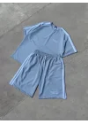 Unisex Şeritli Baskılı Şortlu Takım - Boyalı Gri