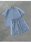 Unisex Şeritli Baskılı Şortlu Takım - Boyalı Gri