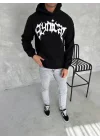 Unisex Üç İplik Kapüşonlu Baskılı SweatShirt - Siyah