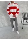 Unisex Üç İplik Parçalı Yakalı SweatShirt - Kırmızı