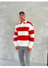 Unisex Üç İplik Parçalı Yakalı SweatShirt - Kırmızı