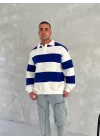 Unisex Üç İplik Parçalı Yakalı SweatShirt - Mavi