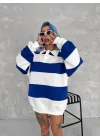 Unisex Üç İplik Parçalı Yakalı SweatShirt - Mavi