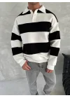 Unisex Üç İplik Parçalı Yakalı SweatShirt - Siyah