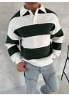 Unisex Üç İplik Parçalı Yakalı SweatShirt - Yeşil