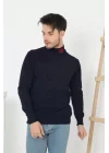 Unisex Yarım Boğazlı Baskılı Dokuma Triko - Lacivert