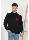Unisex Yarım Boğazlı Baskılı Dokuma Triko - Siyah