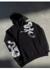 Uzun Kol Kapüşonlu Baskılı SweatShirt - Siyah
