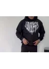 Uzun Kol Kapüşonlu Baskılı SweatShirt - Siyah