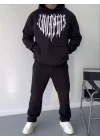 Uzun Kol Kapüşonlu Baskılı SweatShirt - Siyah