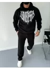 Uzun Kol Kapüşonlu Baskılı SweatShirt - Siyah