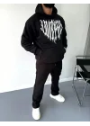 Uzun Kol Kapüşonlu Baskılı SweatShirt - Siyah