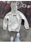 Uzun Kol Kapüşonlu Göğüs Baskılı SweatShirt - Beyaz