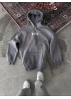 Uzun Kol Kapüşonlu Göğüs Baskılı SweatShirt - Gri