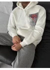 Uzun Kol Kapüşonlu Ön Ve Arka Baskılı SweatShirt - Beyaz
