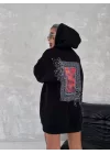 Uzun Kol Kapüşonlu Ön Ve Arka Baskılı SweatShirt - Siyah