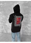 Uzun Kol Kapüşonlu Ön Ve Arka Baskılı SweatShirt - Siyah
