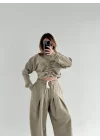 Uzun Kollu Önü İp Büzgülü Crop ve Pantolon İkili Takım - Haki