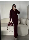 V Yaka 3 Düğmeli Hırka Takım Triko İkili Etekli - Bordo