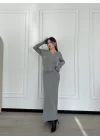 V Yaka Fitilli Uzun Elbise- Gri