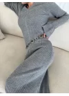 V Yaka Fitilli Uzun Elbise- Gri