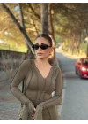 V Yaka Karoyaka Dikişli Yırtmaçlı Uzun Elbise - Haki