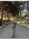 V Yaka Karoyaka Dikişli Yırtmaçlı Uzun Elbise - Haki