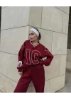 V Yaka Üç İplik Sweat Takım - Bordo