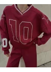 V Yaka Üç İplik Sweat Takım - Bordo