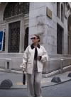 Yaka ve kol Kadife Gabardin Ceket - Beyaz