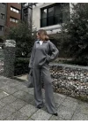 Yakalı Cizgi Detaylı Triko İkili Takım - Füme