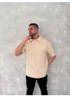 Yakalı Patlı Kısa Kol T-shirt - Bej