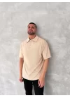 Yakalı Patlı Kısa Kol T-shirt - Bej