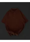 Yakalı Patlı Kısa Kol T-shirt - Kahverengi